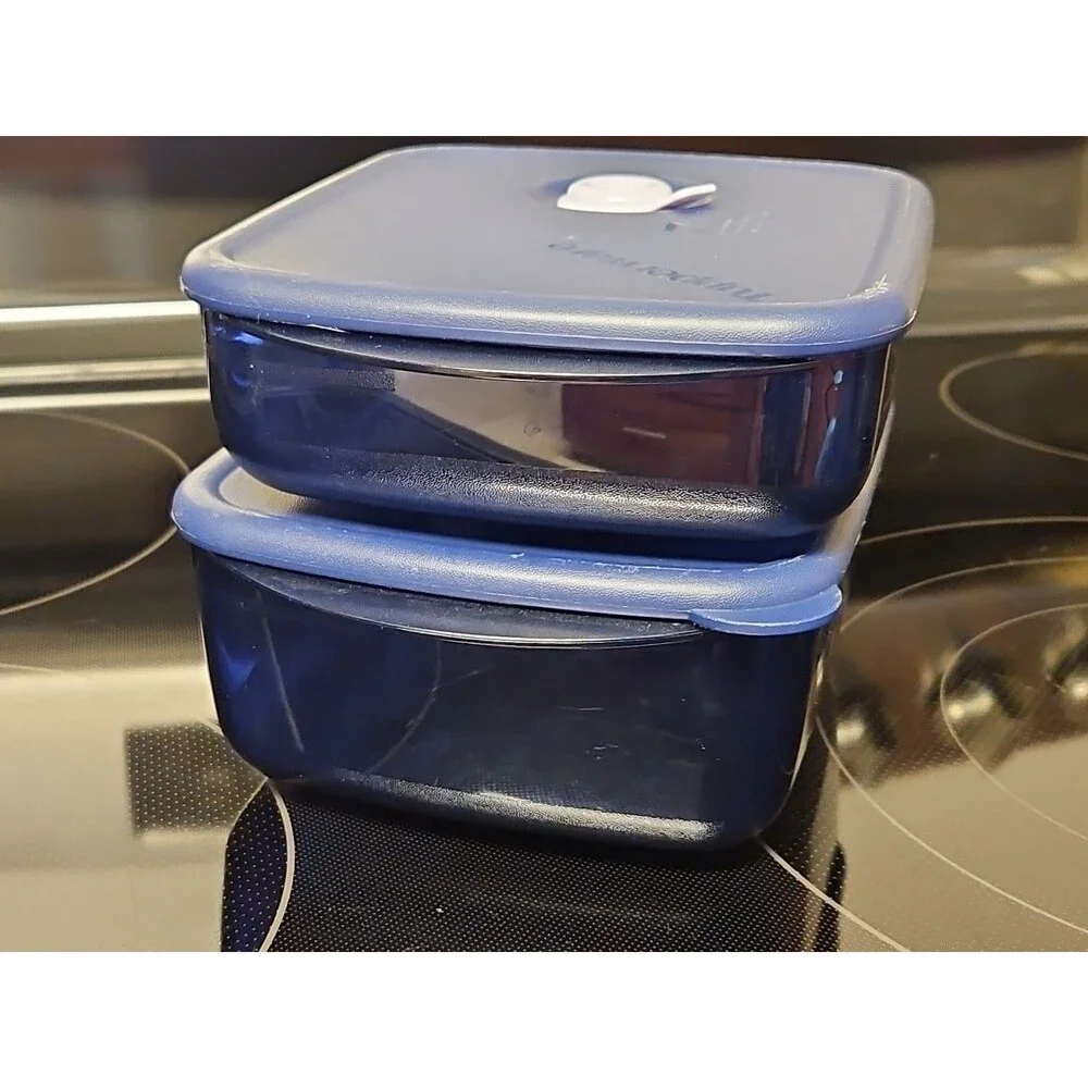 Set of 2 Tupperware Vent N Serve Medium Shallow / Medium Container Indigo Blue